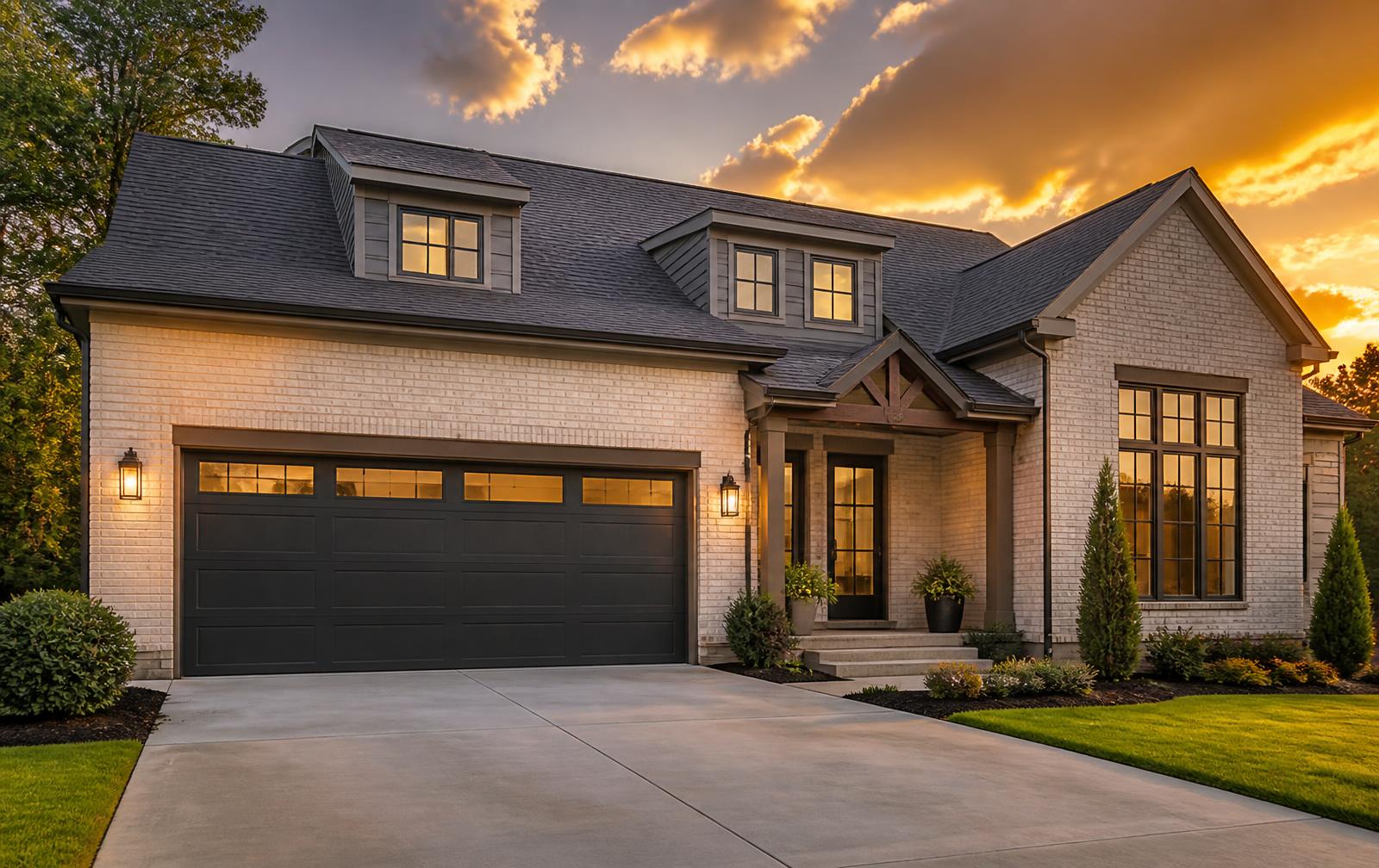 Suburban Atlanta home with a new dark two-car garage door at sunset