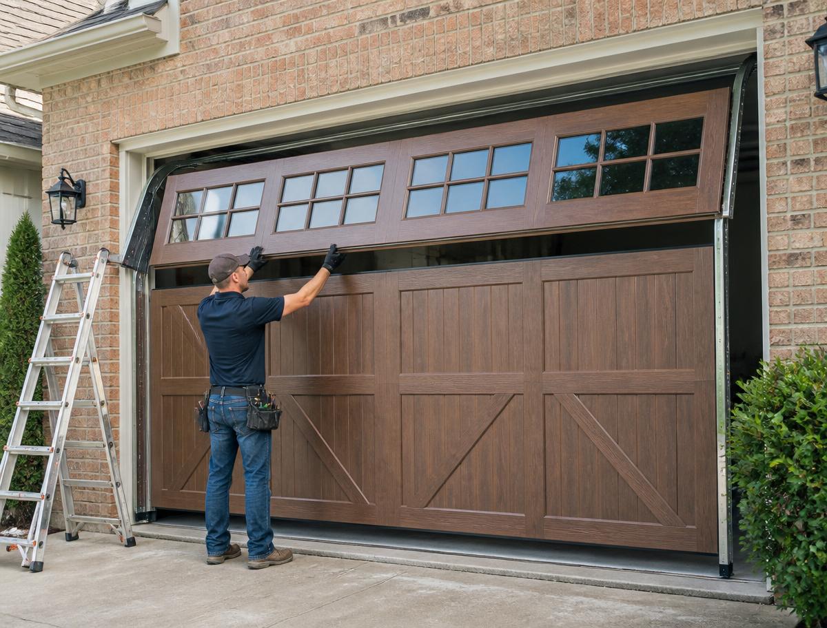 Technician installing a new carriage-house garage door on a brick home