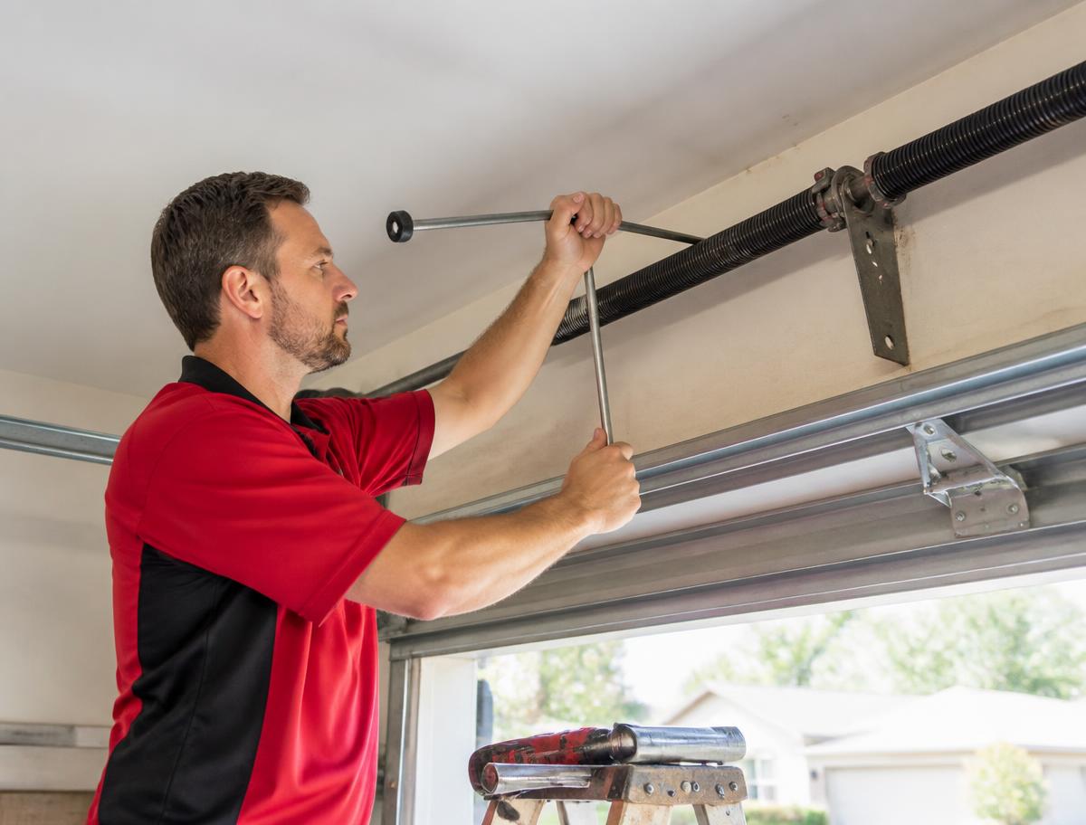 ReadyRise technician replacing a torsion spring above a residential garage door